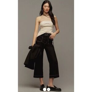 Maeve Colette Crop Wide Leg Pants Womens 30 Contrast Stitch Linen Blend Black